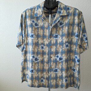 CARIBBEAN 100% PURE SILK MENS L SHORT SLEEVE TROPICAL PRINT IN BLUES AND BROWNS